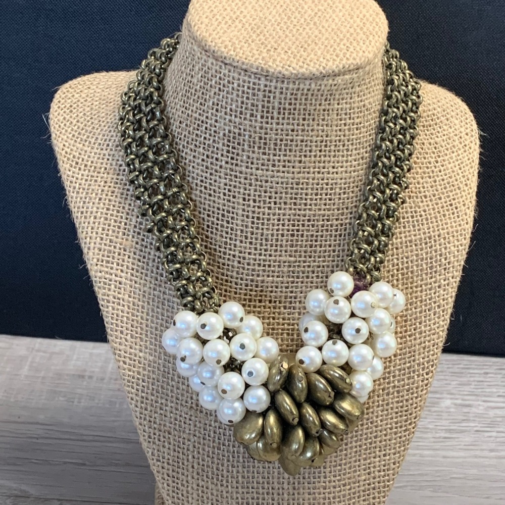 VCLM by Vicenza Statement Necklace Brass Mesh Faux Pearl Gold Tone Cluster Bib